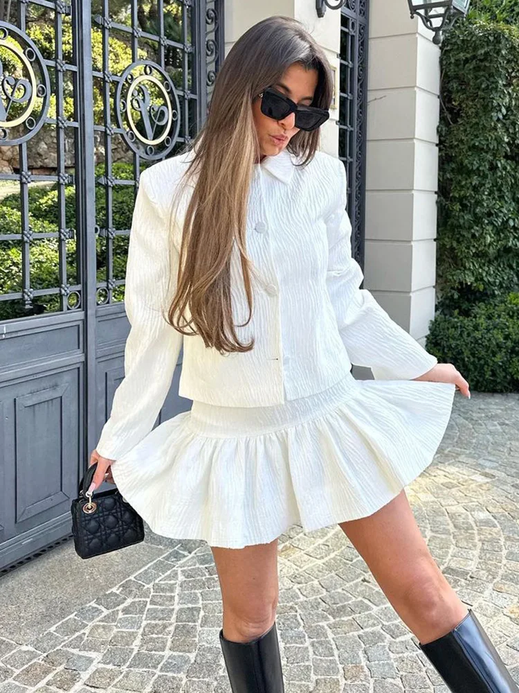 New In Matching Sets Shimmery Effect White 2 Piece Sets Women Outfit 2024 Blazer And Puffy Hem Mini Skirt Casual Co Ord Set