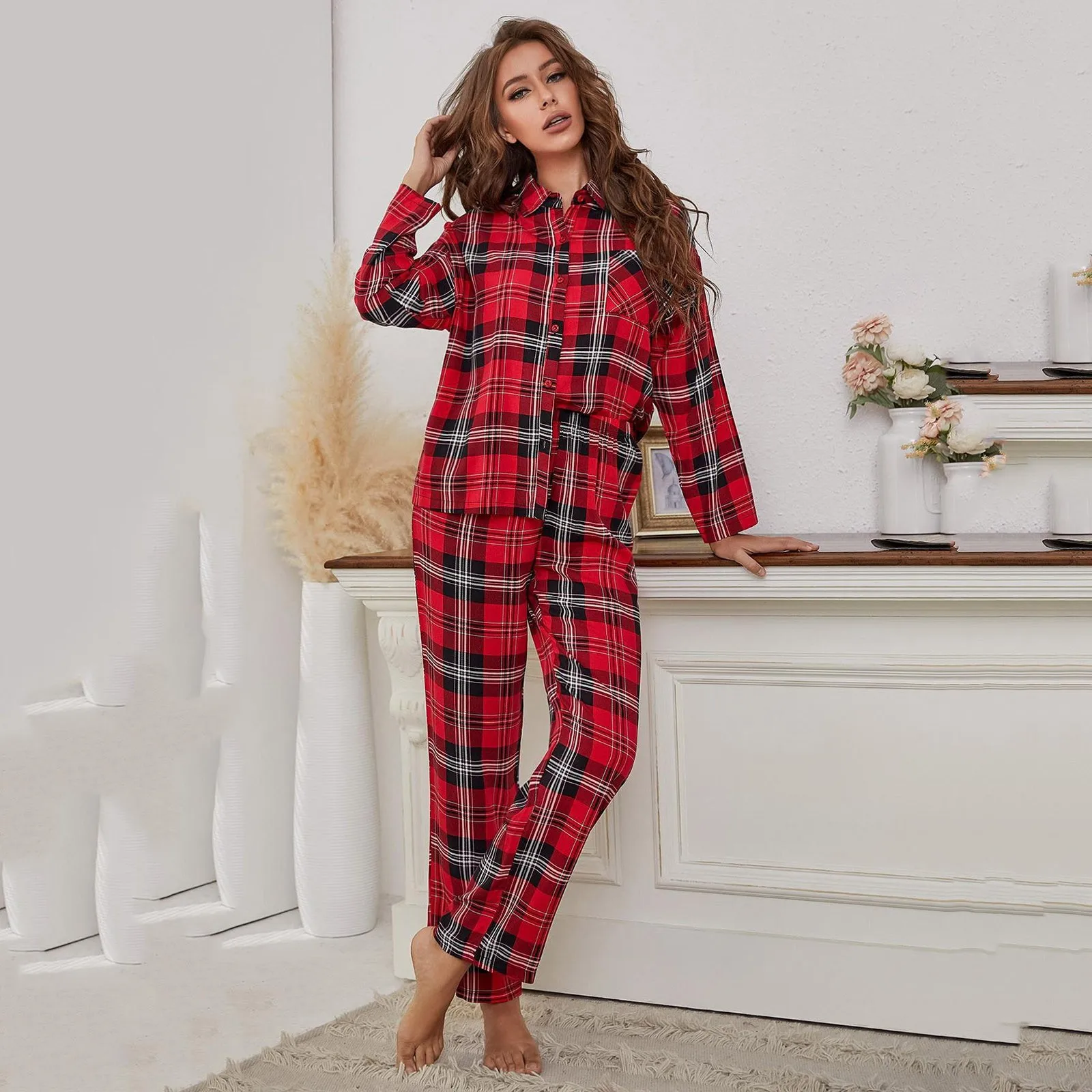 

Red Plaid Women's Pajamas Set Long Sleeve Button Cardigan Shirt Pants 2 PCS Homewear Clothes Nightwear Autumn Pyjamas Women