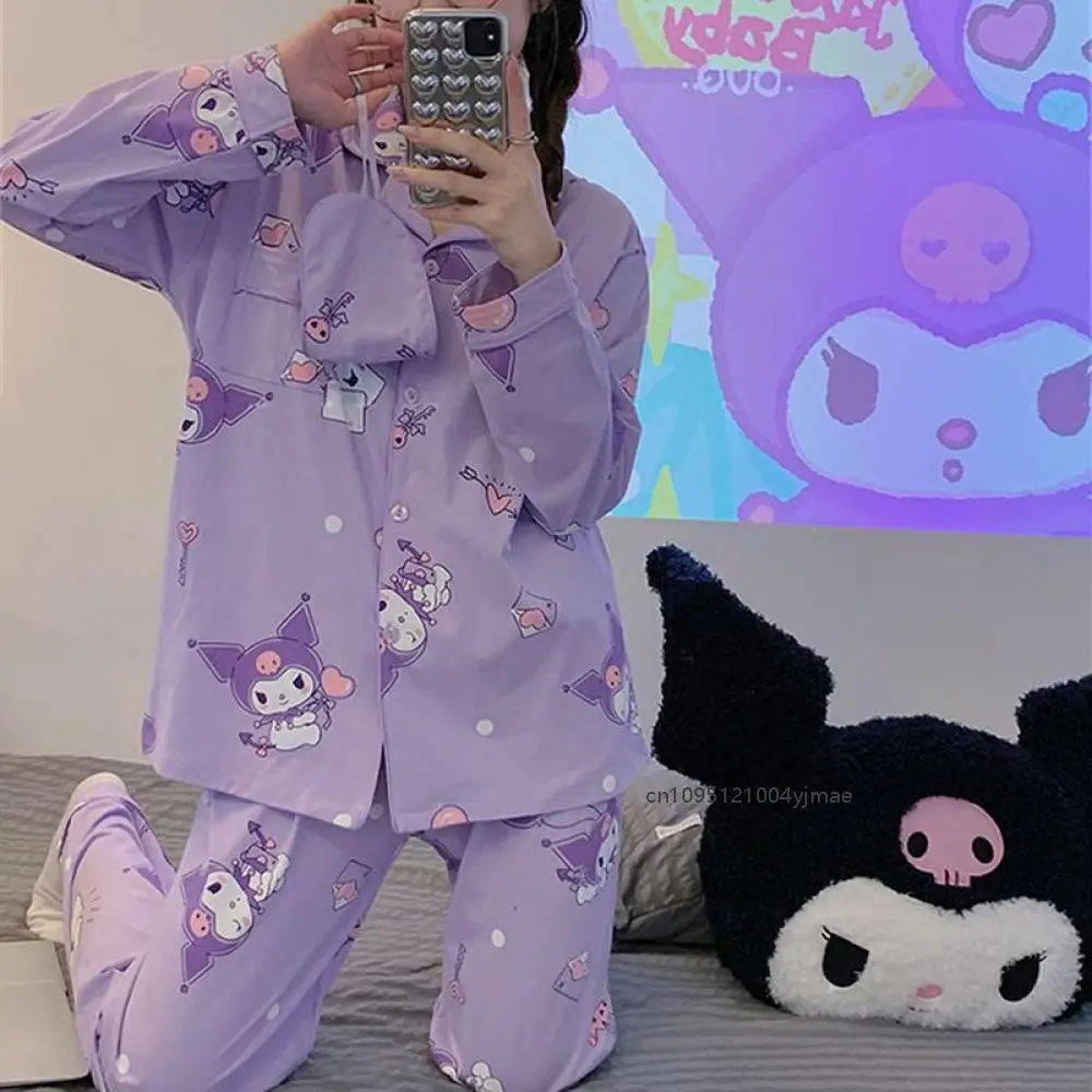 2Pcs Kuromi Cinnamoroll Woman Pajamas Kuromi Melody Kawaii Anime Sanrio Cartoon Loose Casual Pajamas Girl Long Sleeves Home Wear