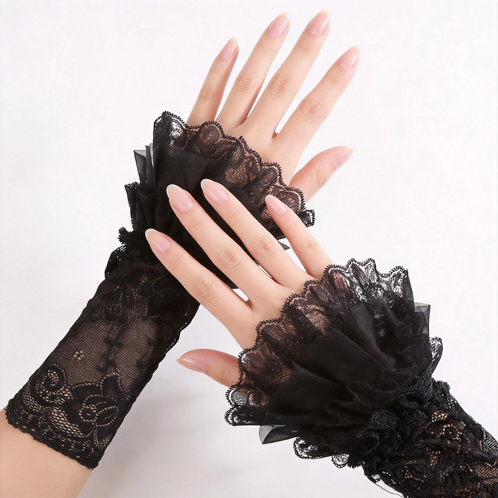

Women Gothic Jk Lolita Lace Wrist Cuffs Sheer Floral Lace Arm Warmers with Ruffled Cuff Women Long Elastic Arm Lace Sleeve Cover