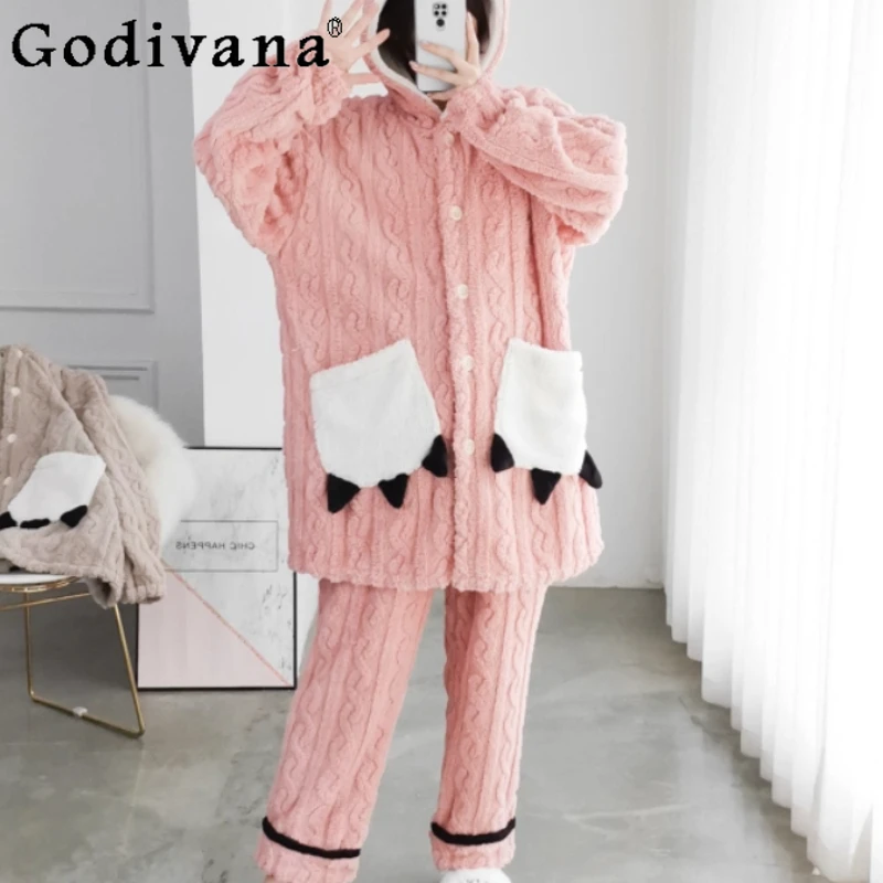 

Winter Jacquard Thickened Plus Size Flannel Pajamas Women's Cardigan Warm Coral Fleece Loose Comfortable Warm Loungewear Sets