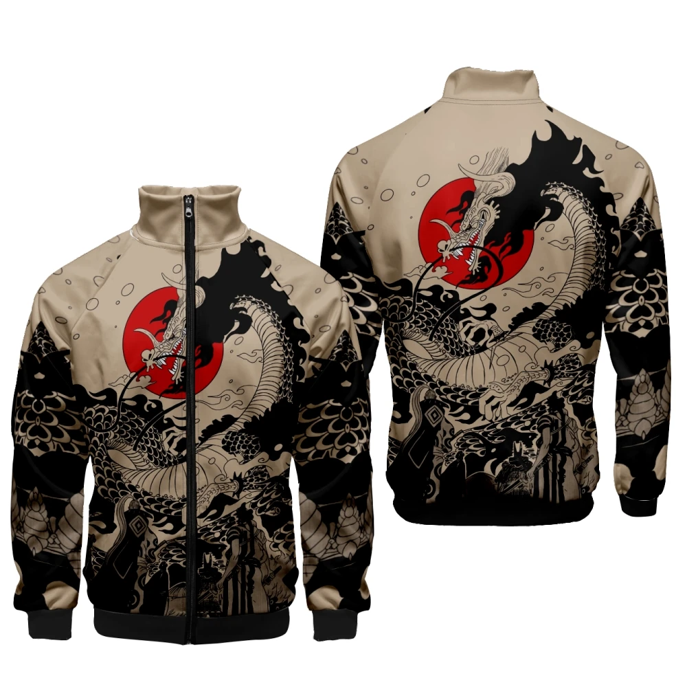 Coats Japanese Kanagawa Wave Dragon 3D Stand Collar Zipper Jacket Men Harajuku Hip Hop Hoodies Casual Boys Sweatshirt