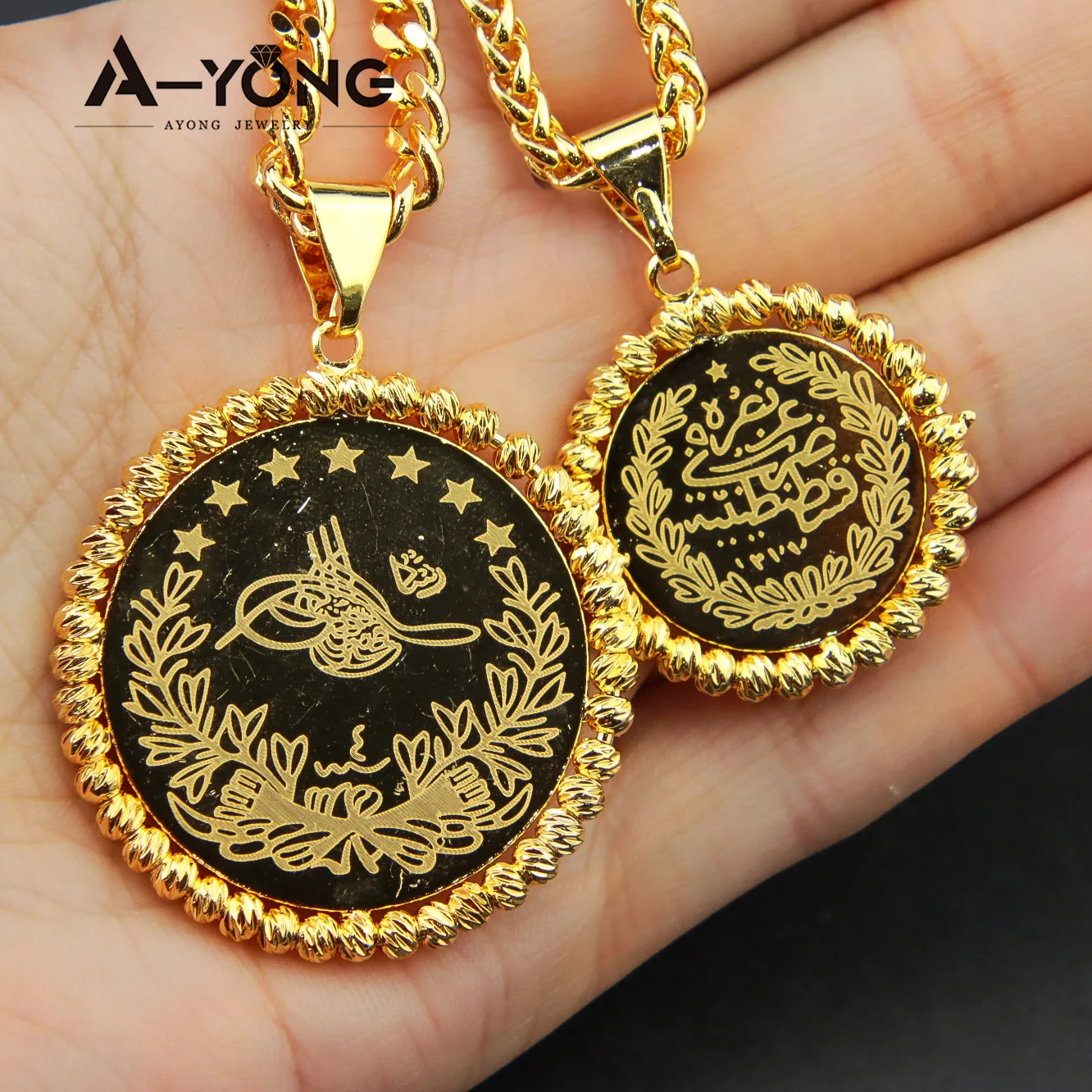 AYONG Turkish Gold Coin Pendant 18k Gold Plated Dubai Middle East Round Necklace Pendants Bridal Wedding Religious Jewelry Gift