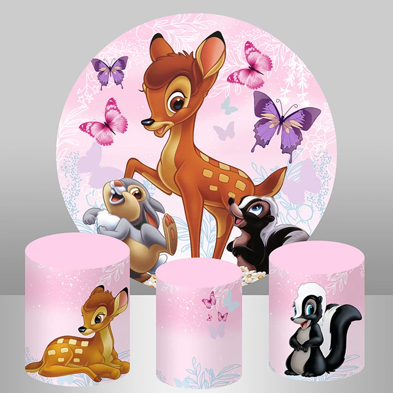 Disney Bambi Deer Pink Butterfly Round Circle Backdrops Baby Shower Girls Birthday Party Backgrounds Cylinder Covers