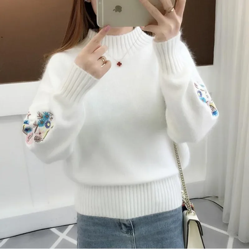 Mock Neck Pullovers Women Floral Embroidery Thicker Fashion All-match Sweater Knitted Streetwear Gentle Korean Loose Y2k Clothes