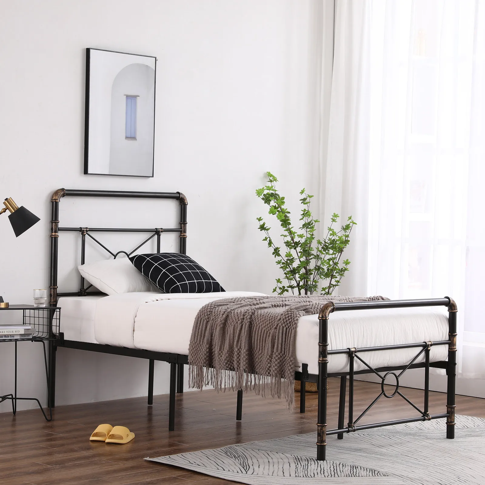 Twin Size Bed Frame Metal Platform Bed with Headboard Footboard Black