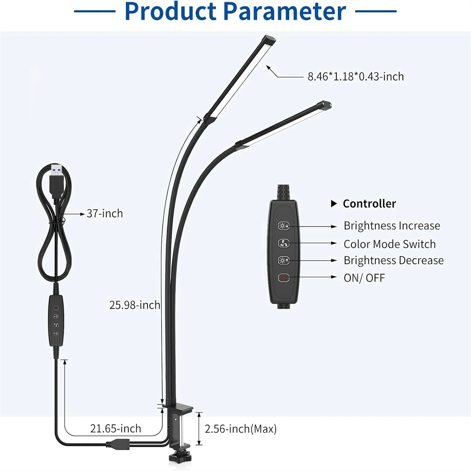 KEBINCPLED Clamp Desk Lamp USB 5V Rotatable Head Reading Light Dimming Space-Saving Design Office Work Home Desktop Lighting