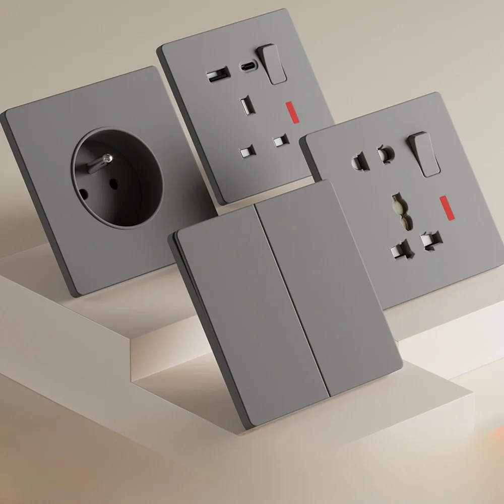 New Ultra-thin 86mm PC Flame Retardant Household Wall Switch Series Grey Flat Matte Frameless Large Panel Square Base