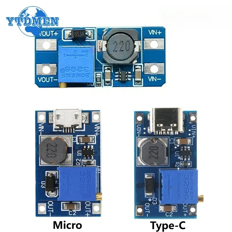 1PCS MT3608 DC-DC Boost Module Adjustable 2A Boost Plate Step Up Module 18650 with MICRO/Type-C USB 2V-24V To 5V 9V 12V 28V