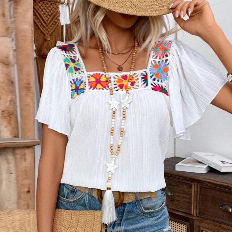 Camiseta de manga corta de verano para mujer, camisetas caladas estampadas con cuello cuadrado, Jersey holgado, camisa informal para mujer