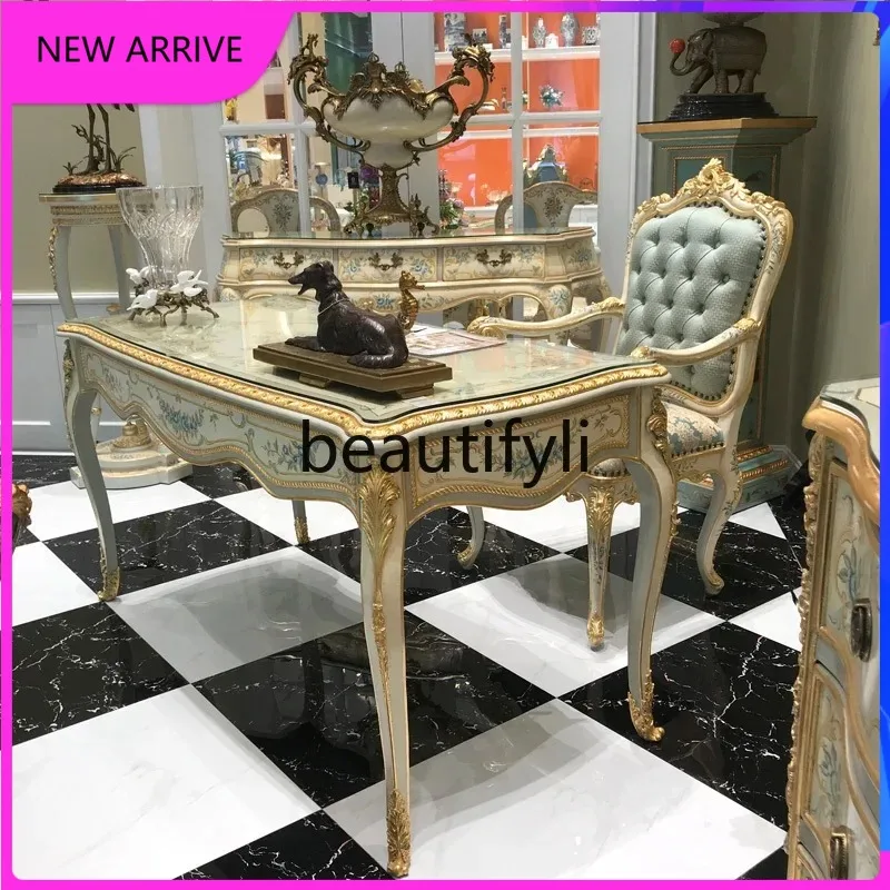 b573  European-style study solid wood French art rose desk and chairs luxury white porch cabinet