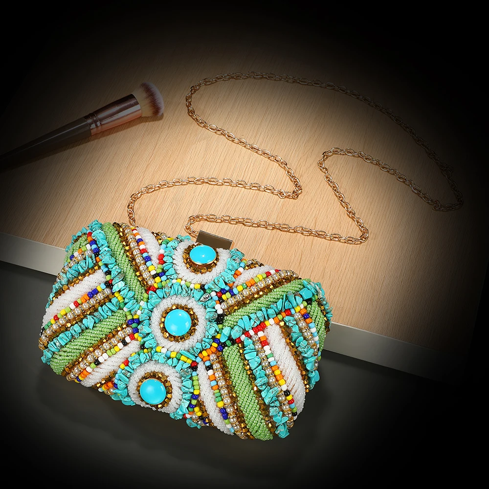 New handmade beaded evening bag with a bohemian style - perfect for seaside vacation photo taking and cross-body carrying