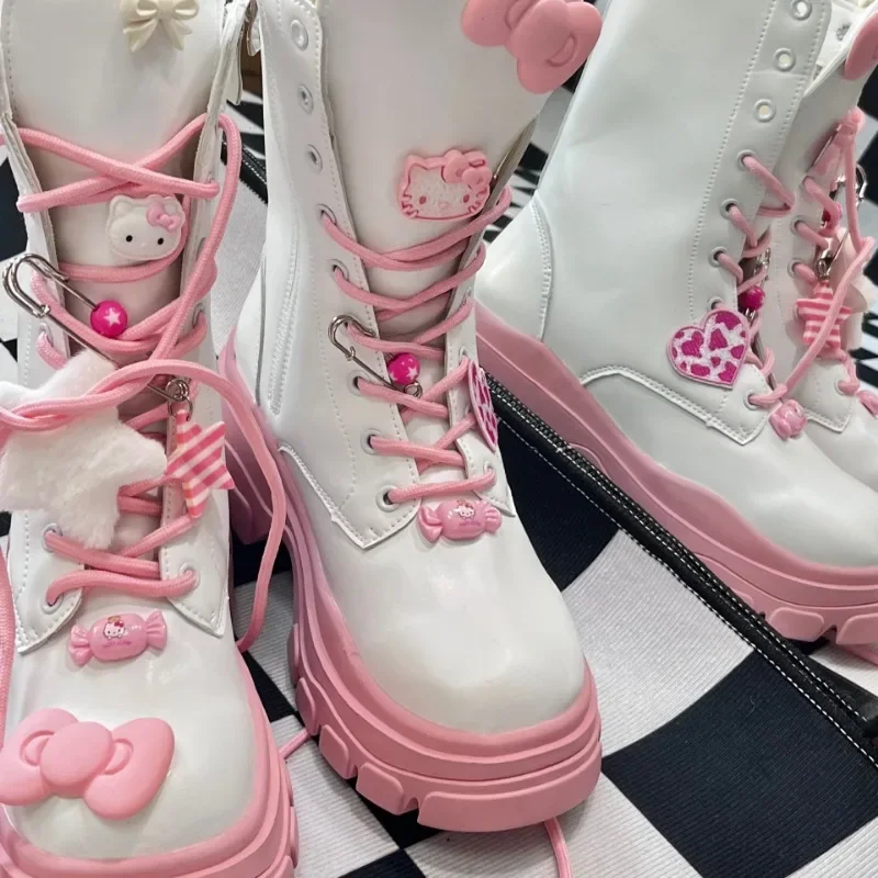 New Sanrio Cartoon Anime Hello Kitty Thick-soled Martin Boots Kawaii Winter Mid-tube Warm British Shoes Girls Holiday Gift