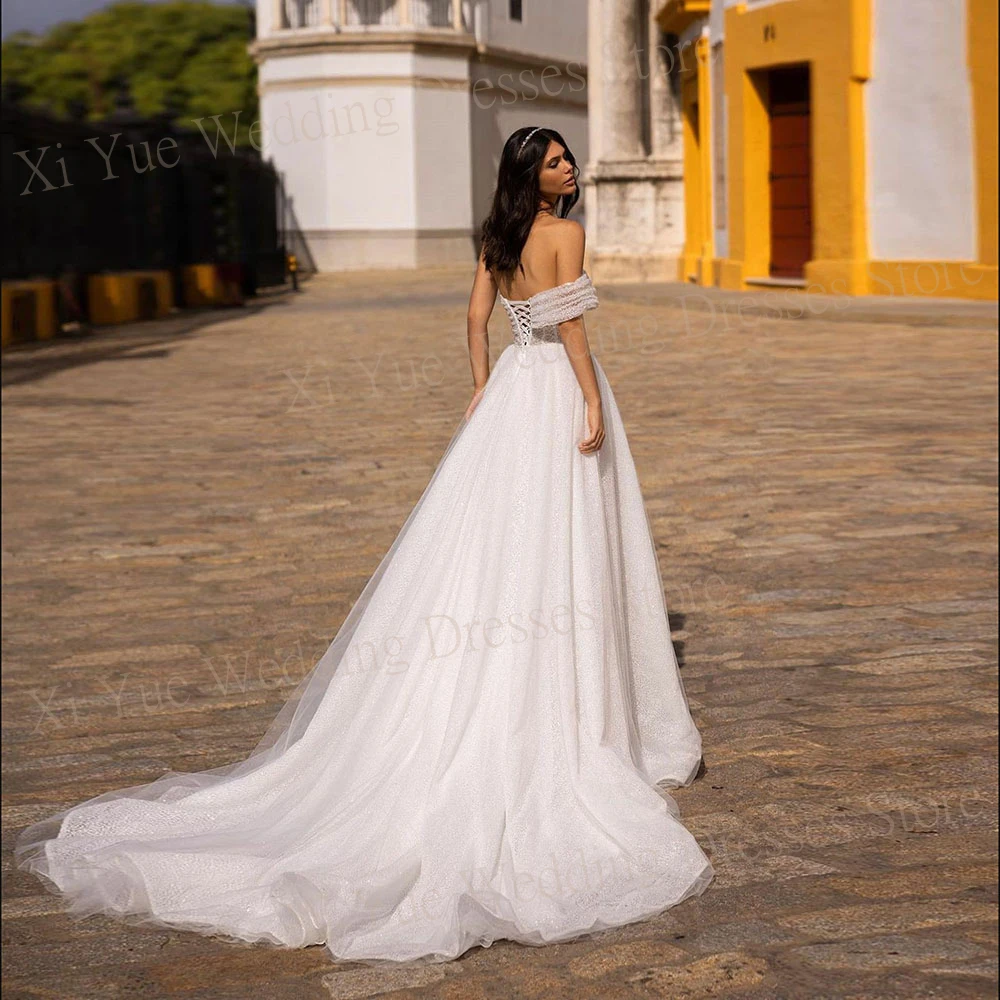 Vestidos De novia bohemios De tul brillante, Vestidos De novia modernos De una línea con un hombro y cordones, Vestidos De novia con abertura lateral Sexy alta