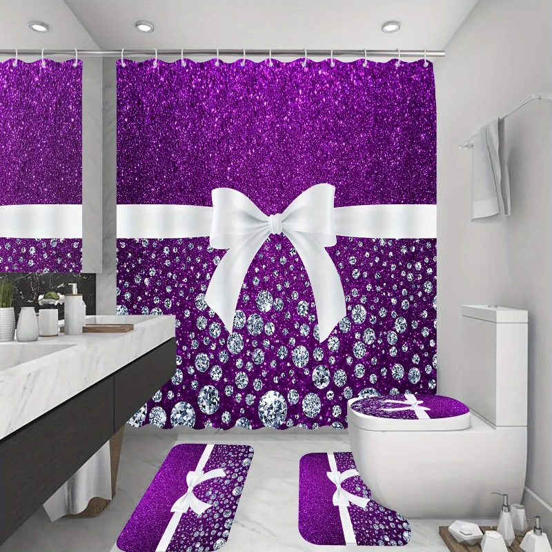 1/4PCs luxury purple set, white diamonds shower curtain with 12 hooks, non-slip bathroom rug, toilet U-S