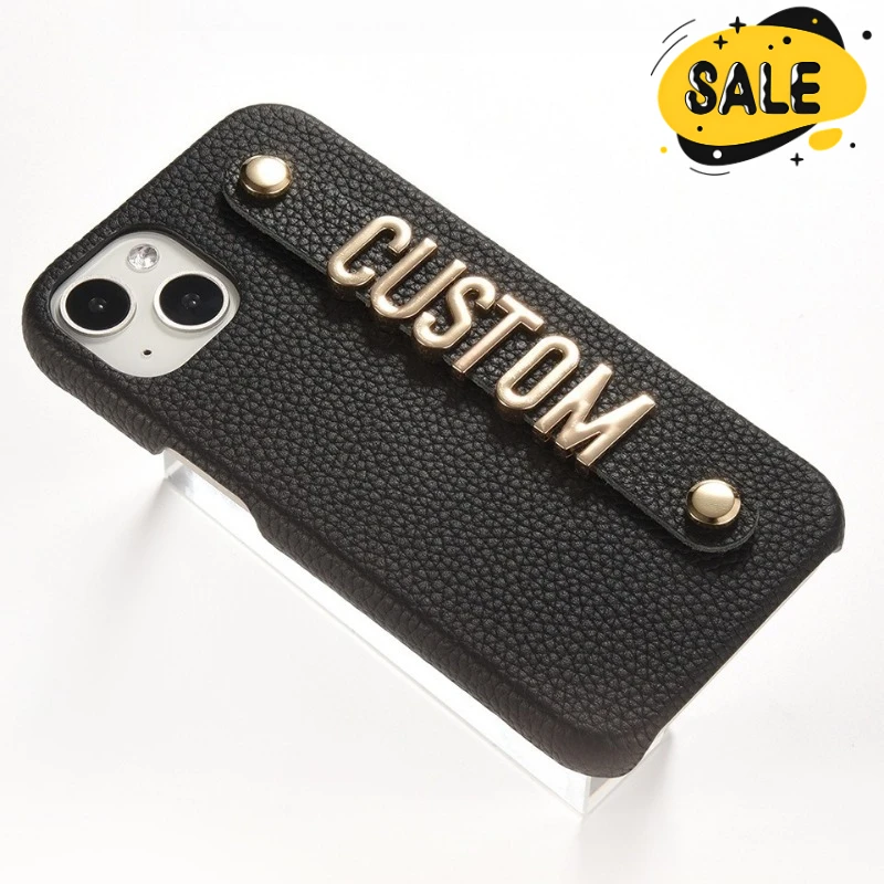 

Fashion Custom Name Letter Holding Strap Anti-drop Genuine Leather Phone Case for Iphone 14 13 12 Pro Max Protector Cover