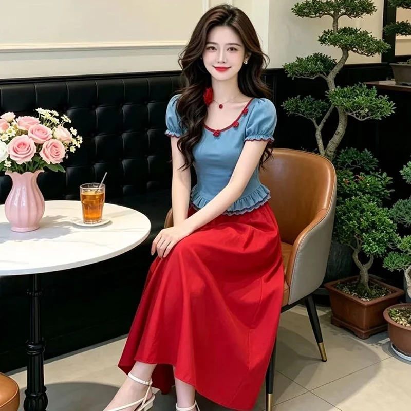 

French Three-dimensional Rose Waist Cinching T-shirt Dress Sets for Women Summer Short Sleeve Slim Fit and Slimming Tops Skirts
