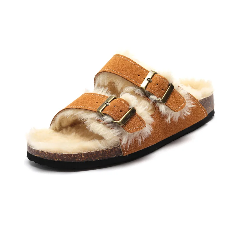 VENTACT Big Size 44-45 New Cork Sandals With Fur Warm Wear Artificial Fleece Outdoor Shoes Casual Double Buckle Clogs Slippers