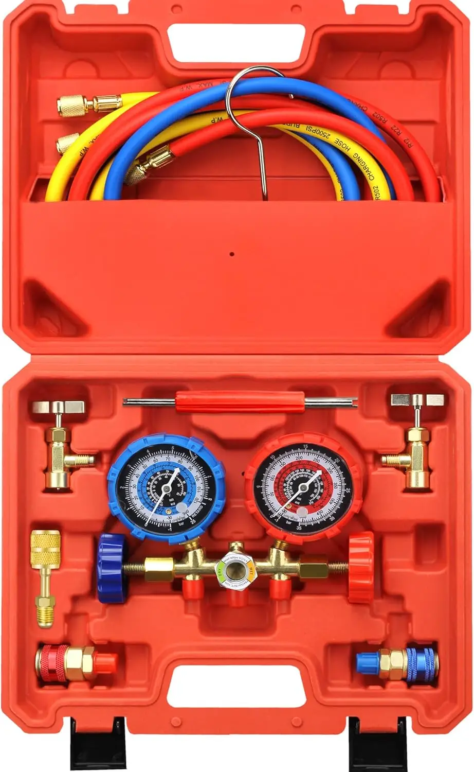Juego de medidores de CA R134a con mangueras, acopladores y adaptador de 5 pies para R12 R22 R502, kit de carga por freón de CA para automóvil