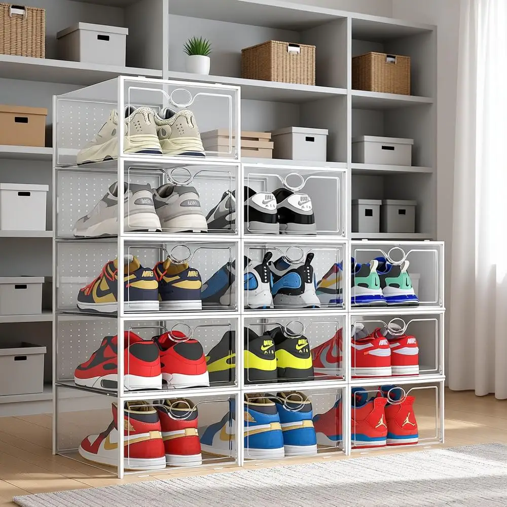 

Larger Shoe Storage Boxes Fit Size 14, Clear Plastic Stackable Shoe Organizer 12 Pack Sneaker Storage for Sneakerheads Shoe Cont