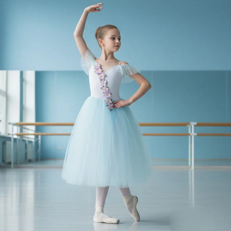 

Girls Long Ballet Dress Professional Romantic Tutu Swan Dance Performance Costume Velvet Top Ballerina Outfit for Children Women