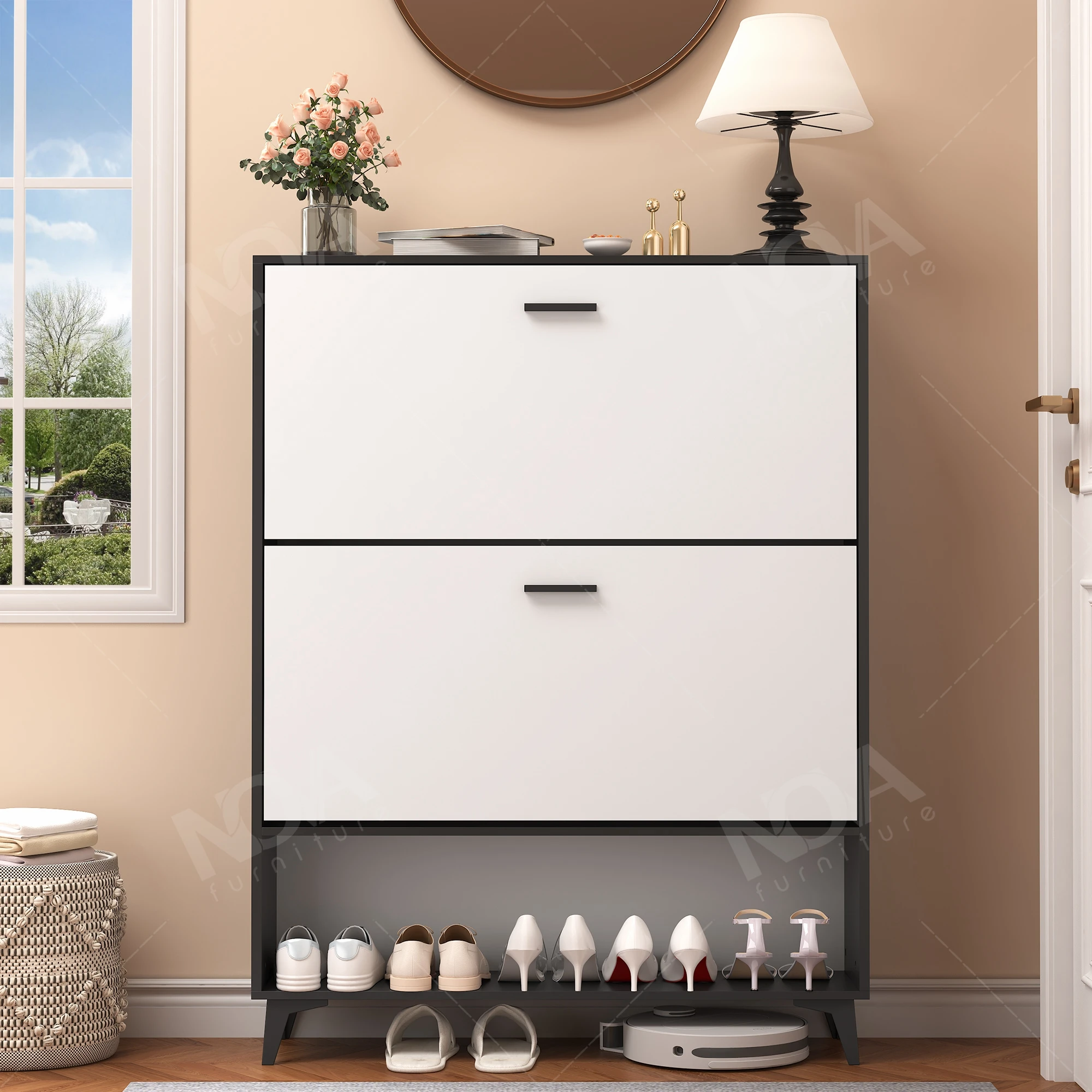 Large space 5-story wooden flip shoe cabinet living room entrance home furniture rotatable shoe rack