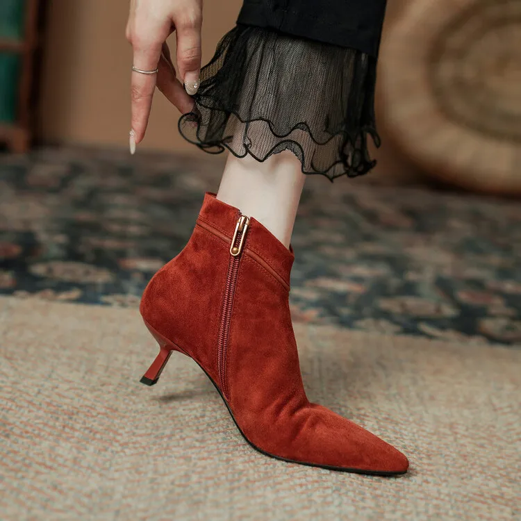 Elegant Vintage Red Suede Women Ankle Boots Pointed Toe Brown Short Autumn Botas Side Zipper Thin High Heels Party Pumps Zapatos