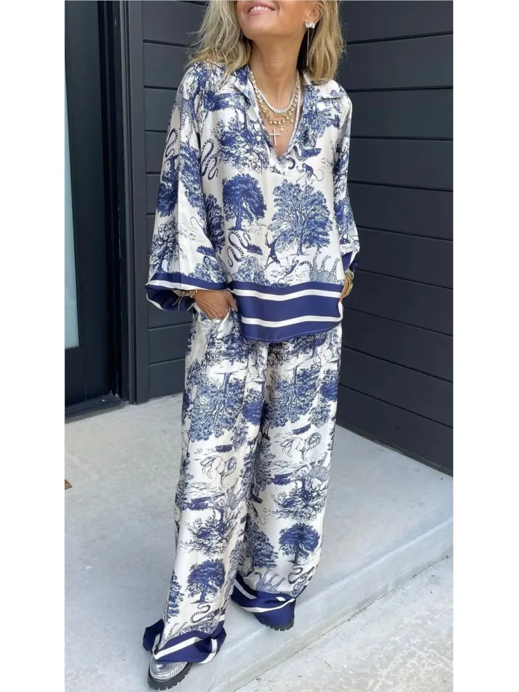Camisa de manga larga para mujer, traje informal holgado con estampado Vintage y cuello en V, pantalones de pierna ancha, conjunto de 2 piezas para