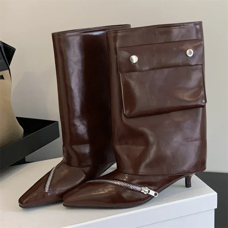 Women's Super Pointed Toe Faux Leather Pocket Decor Zipper Detail Kitten Heel Mid Calf Boots Casual Streetwear Footwear DropShip