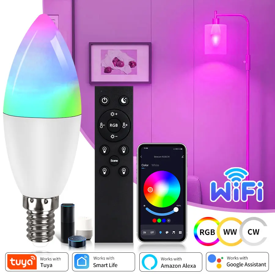 Tuya Wifi LED Smart Bulb RGB E14 Light Bulb With Remote APP Control Dimmable Ampoule Smart Lamps For Google Alexa Smartlife