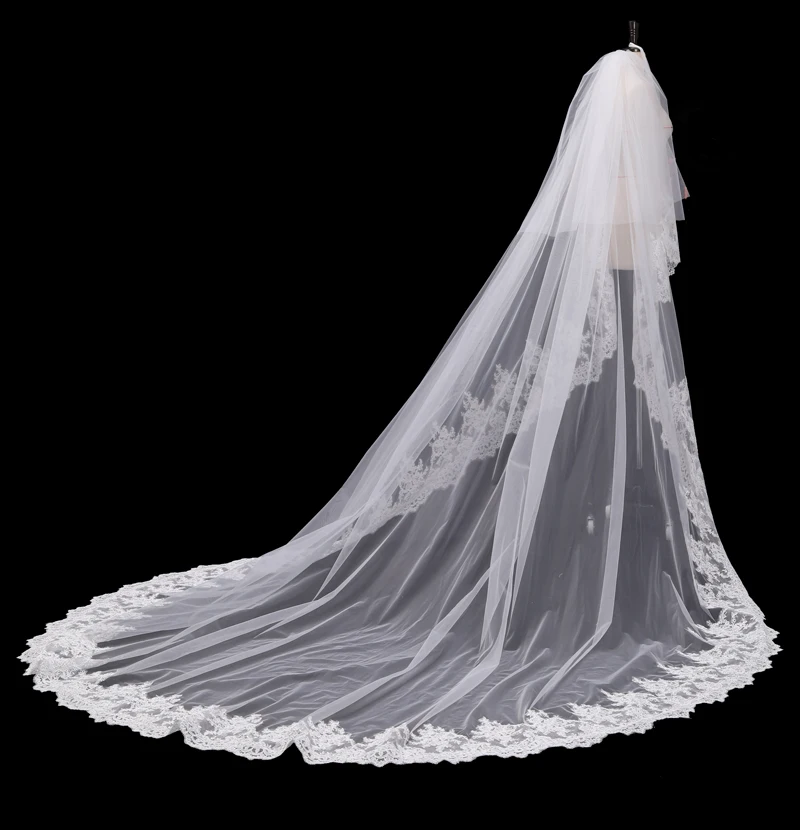 Bridal Wedding Extra Lange Trailing Kant Sluier Eenvoudige Kerk 2-Layer Sluier