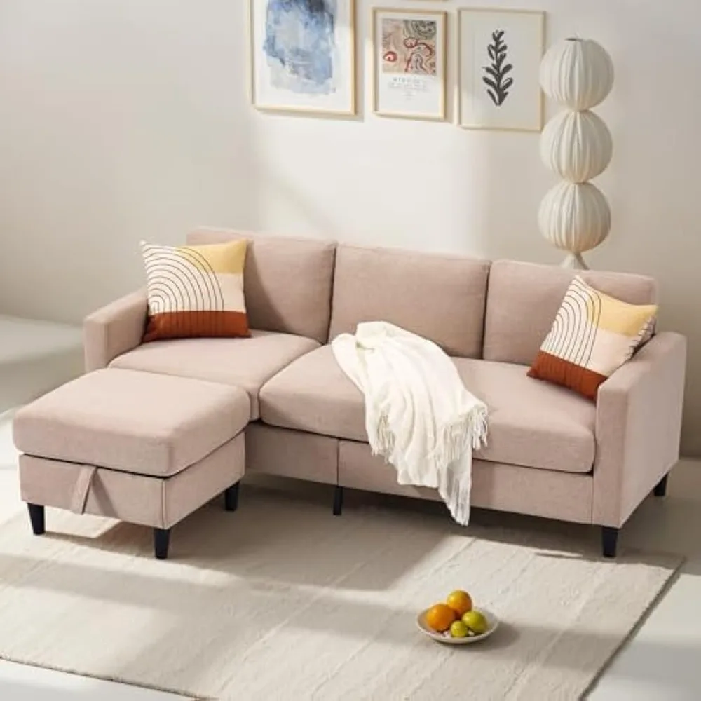 

76.7” L Shape Couches for Living Room, 3 Seater Couch Modular Sectional Sofa with Storage Ottoman, Convertible Sleeper Sofa L-Sh