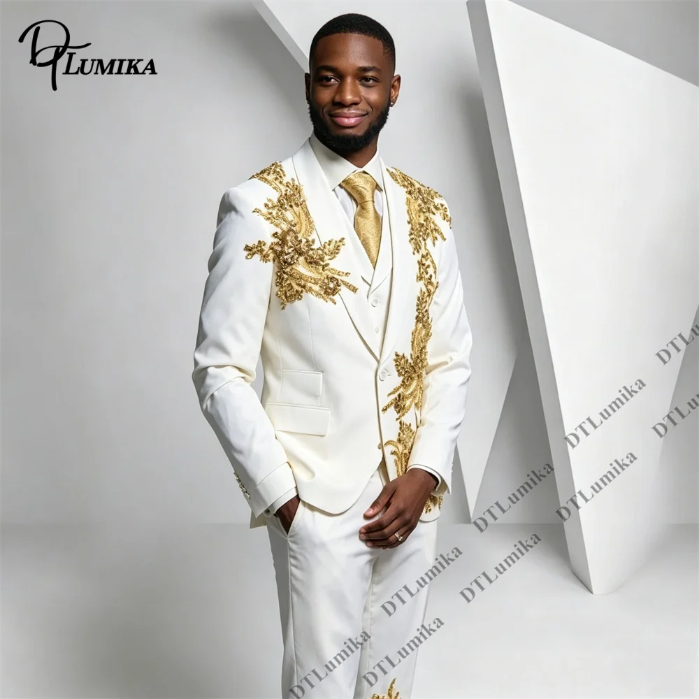 Men's 3 Piece White Suit Gold Floral Embroidered Slim Fit Wedding Groom Tuxedo Prom Party Formal Blazer Vest Pants Set Custom