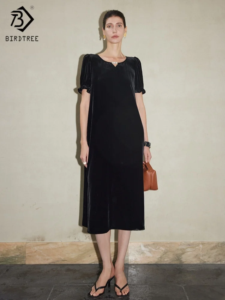 

BirdTree, базовая ткань, 100% шелковое бархатное платье, женские черные платья с короткими рукавами, V-образный вырез, рабочий стиль, новинка 2025 года D5D813JF