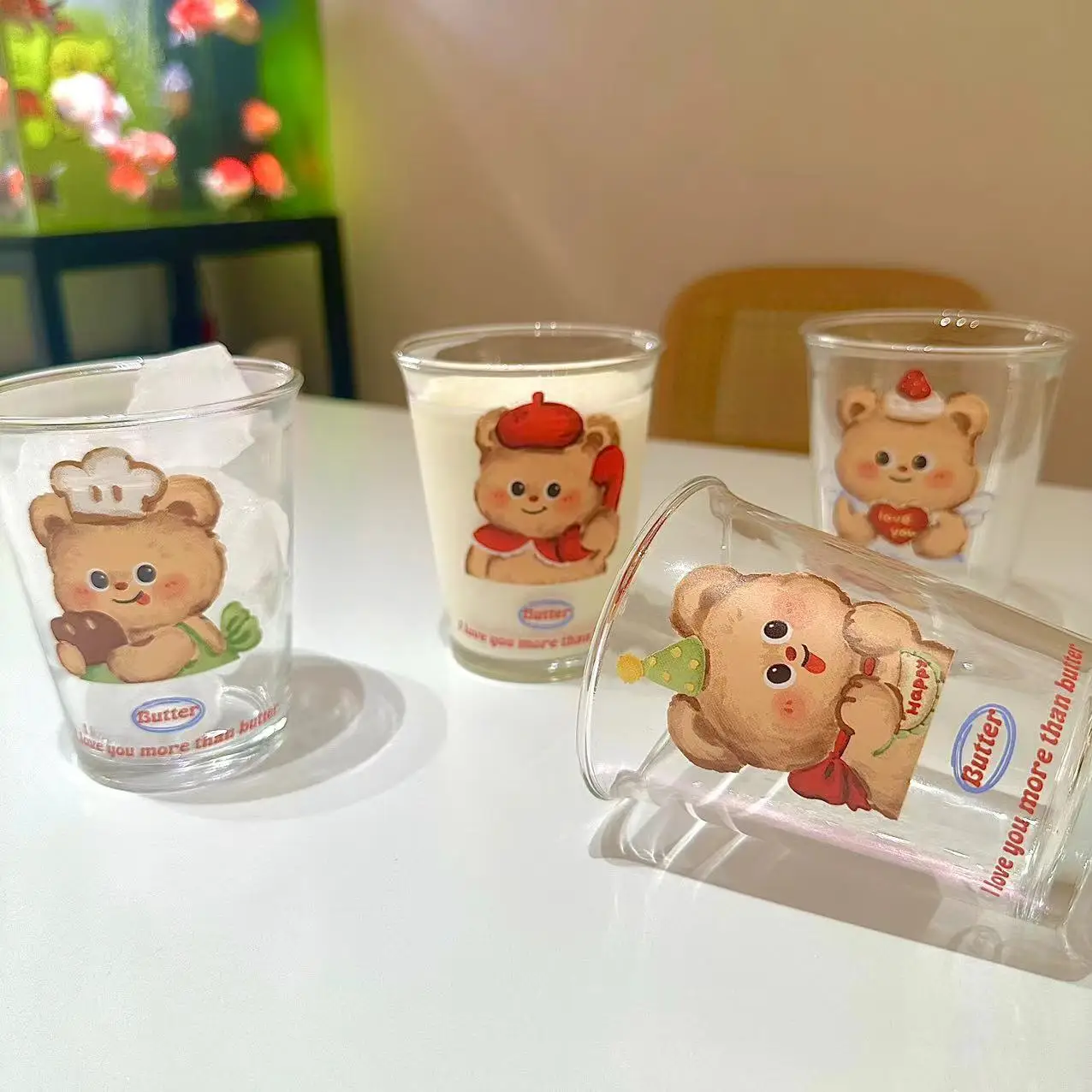Butter Teddy Bear Glass Cup,Cartoon Printed Yogurt Oat Office Breakfast Couple Cup,High-value Fruit Salad Ice Cream Container