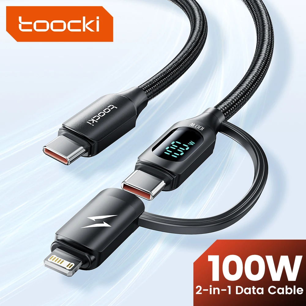 Toocki 100W 2-in-1 Type C To Type Cable PD 20W Type C To iP Cable Fast Charge Digital Display Data Cord For Macbook Samsung S24