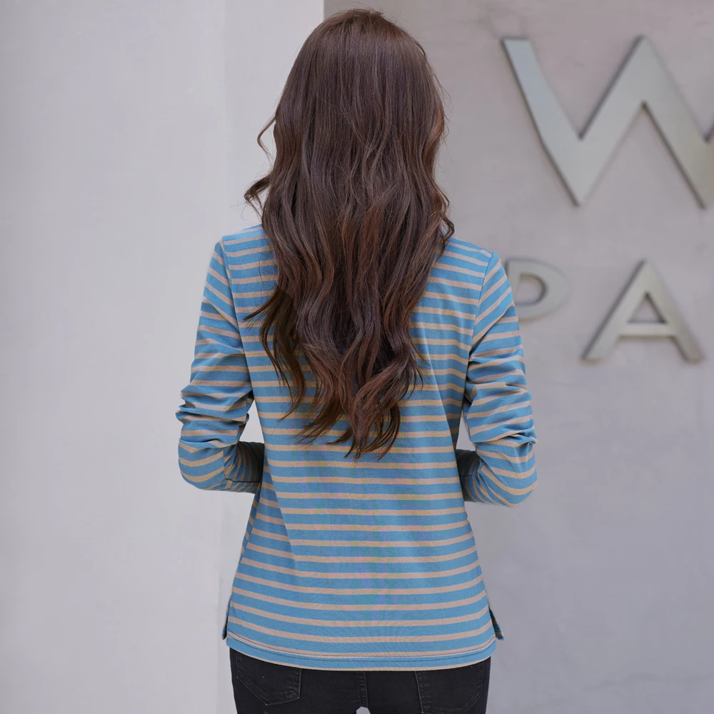 Korean Fashion Long Sleeve  Cotton Polo Shirt Women Stretch Plus Size  Autumn Slim Knitted Polo For Women Striped T shirt