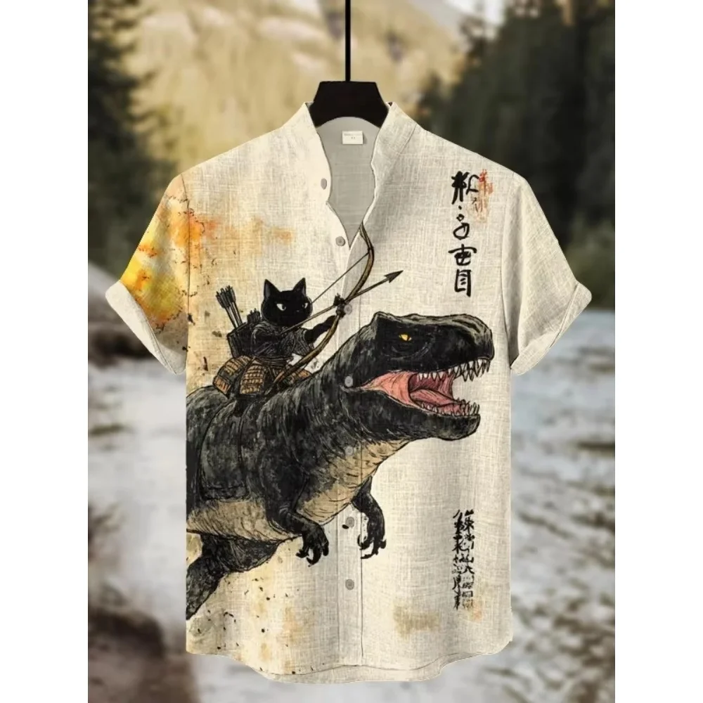 Men's Shirt Cartoon Cat Dinosaur Back Riding Art 3D Hawaiian Shirt Fashion Men's Women's Short Sleeve Stand up Collar Men's Tops