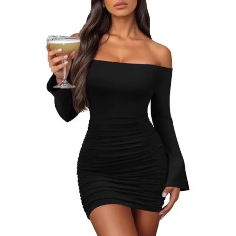 

【New style】 tk - European and American women's clothing new sexy off-the-shoulder long-sleeve bag hip pleated solid color dress