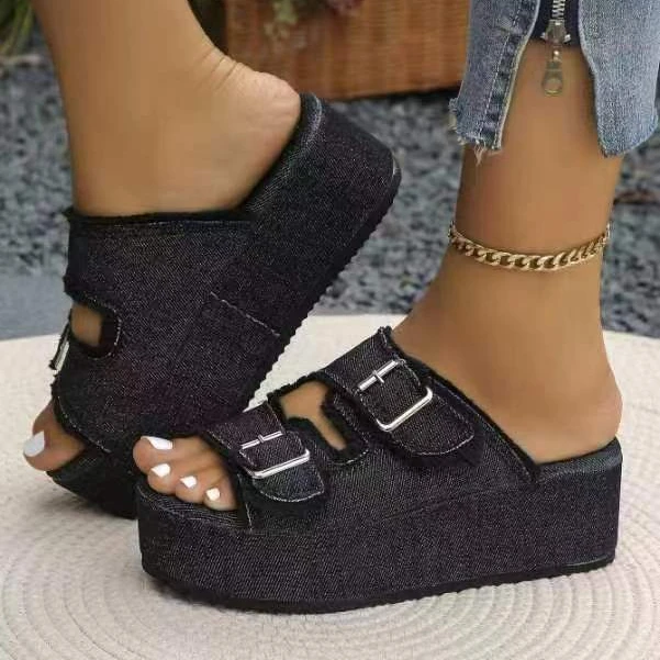 Plus Size 43 Wedge Sandals Women Platform Beach Slippers Summer High Heels Outdoor Casual Thick Slides Denim Sandals Flip Flops