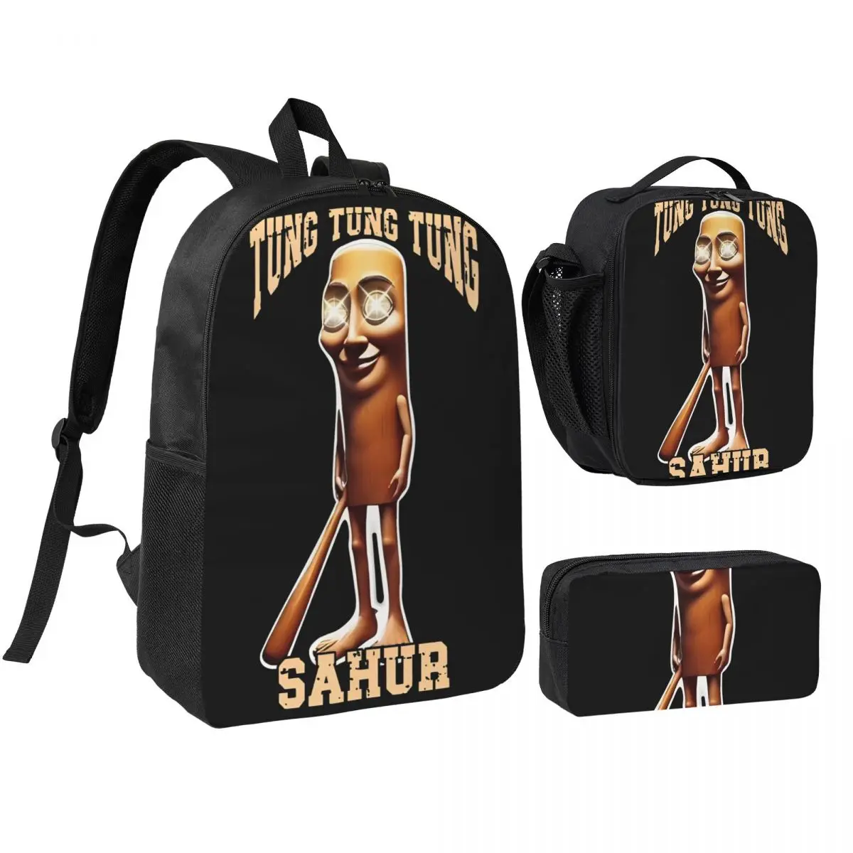 Tung Tung Tung Sahur Funny 3pecs/set Backpack for Boys Girls Italian Brainrot High School Canvas Bags Lunch bag Pencil Case