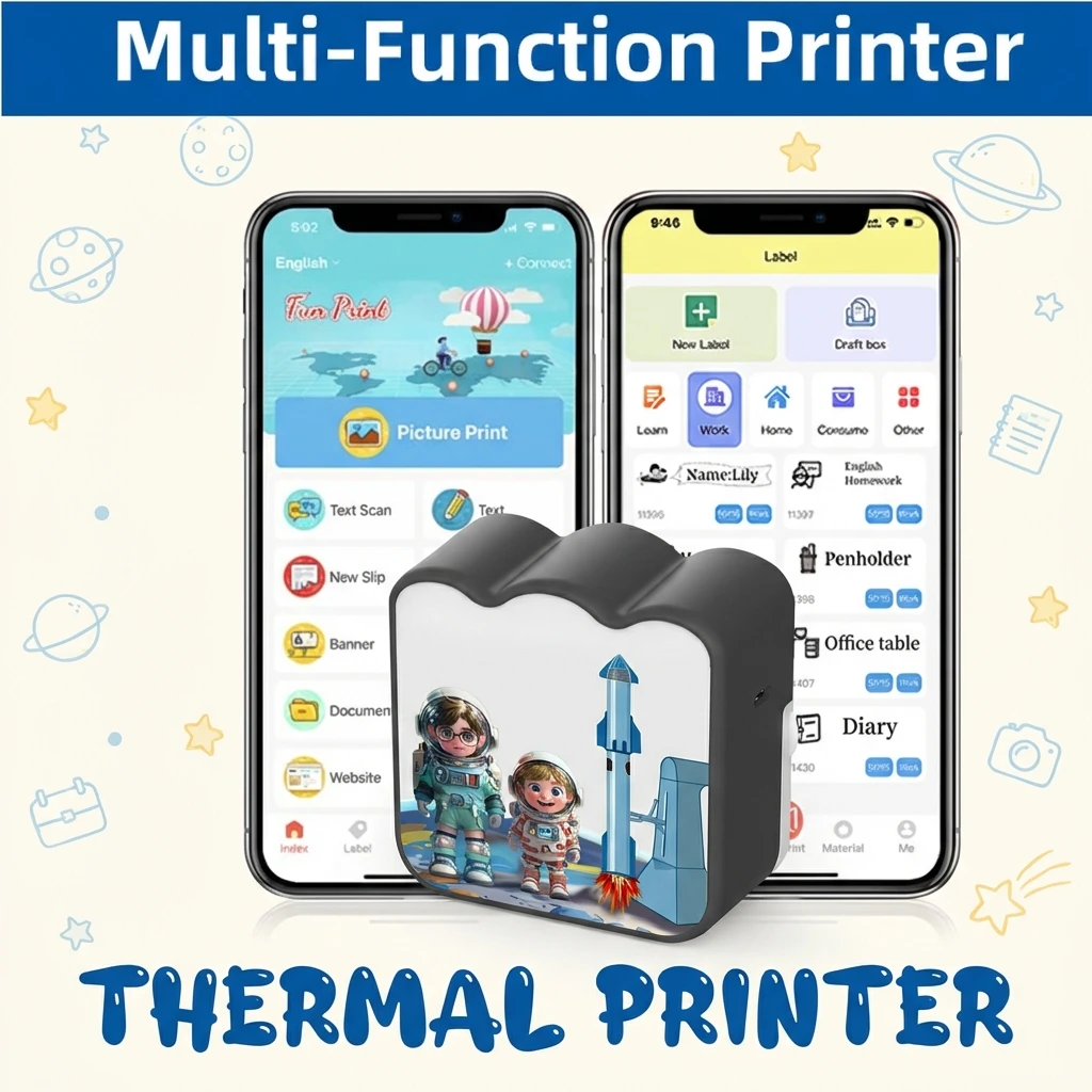 

Мини-портативный принтер для наклеек без чернил, компактный карманный принтер с функцией свободной резки, портативный термопринтер для фото, заметок и мемо.
