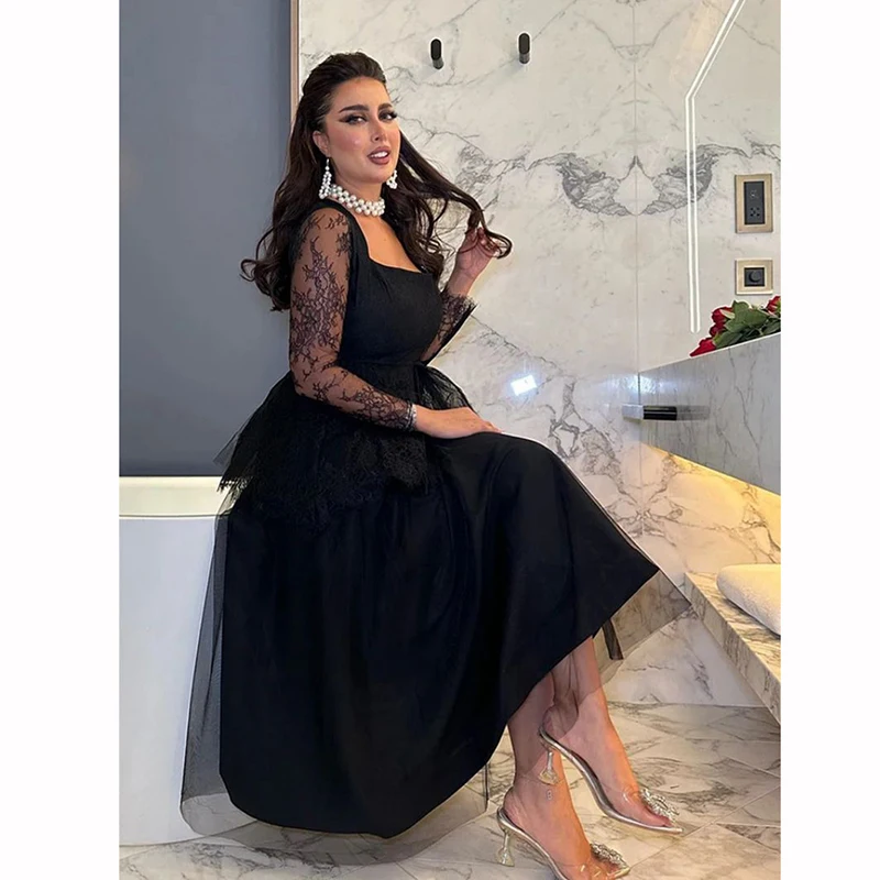 Luxury Black Lace Women Prom Gowns Sexy Square Neck Layers Party Dresses Fashion Long Sleeves Ball Gown Female Vestidos Robes