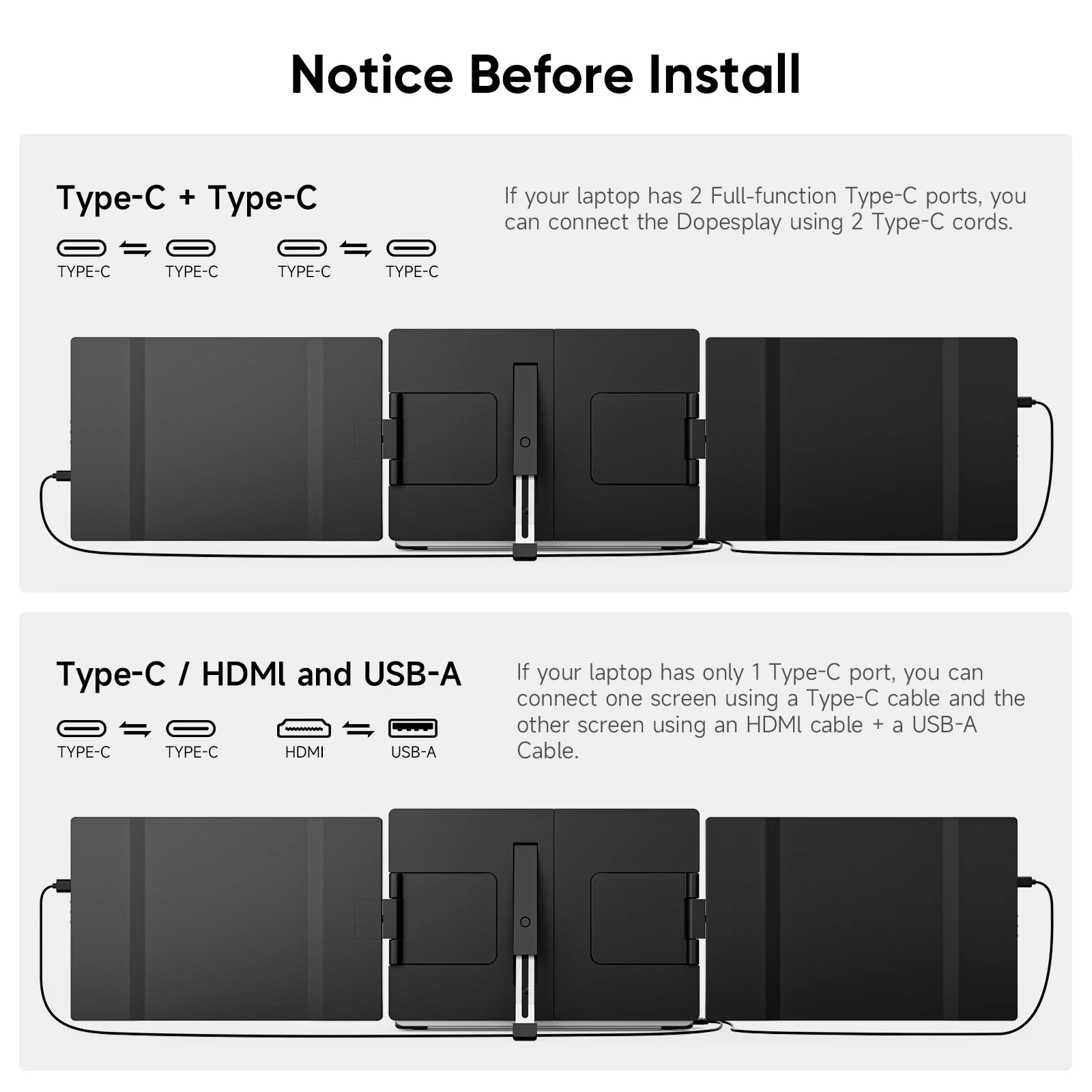 Dopesplay triplo extensor de tela dupla para laptop fhd 1200p monitores portáteis de 14.1 polegadas para windows mac android laptops 14-17.3 polegadas