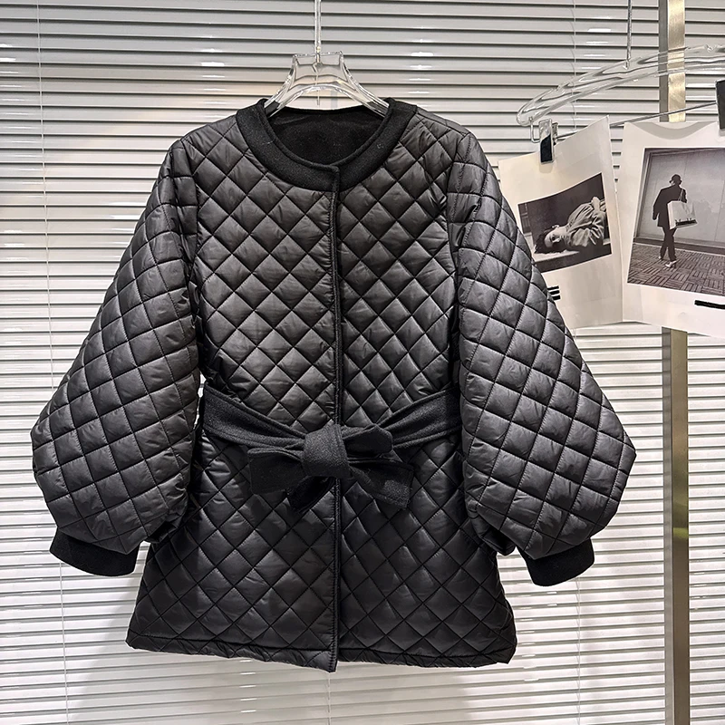 2025 winter new diamond grid pattern pressed cotton medium long loose cotton jacket women's solid simple round neck jacket