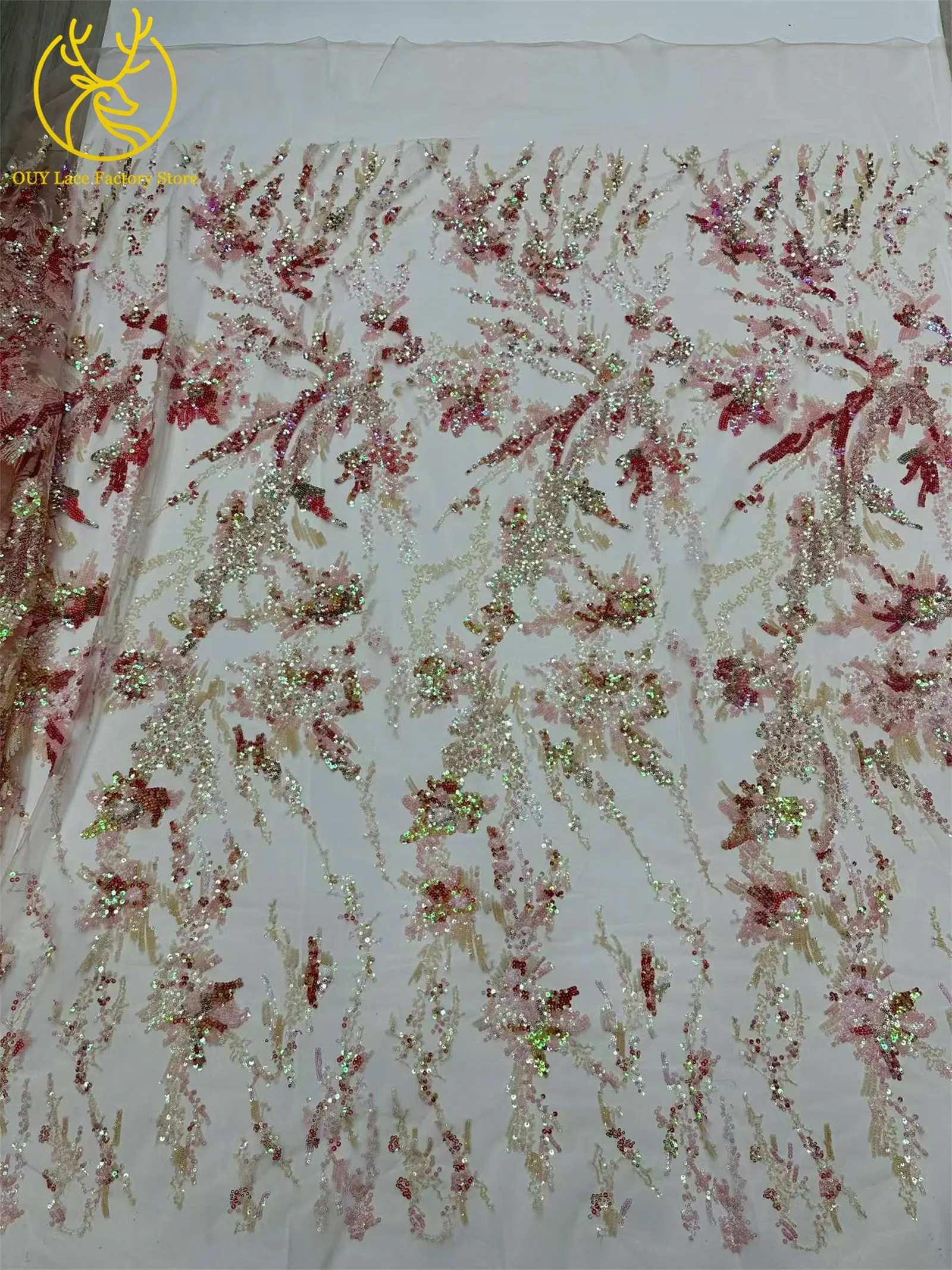 Roter afrikanischer Pailletten-Spitzenstoff, 5 Yards, hochwertiger, eleganter französischer Stickerei-Spitzenstoff für Hochzeits- und Abendkleider zum Nähen – Detail 12