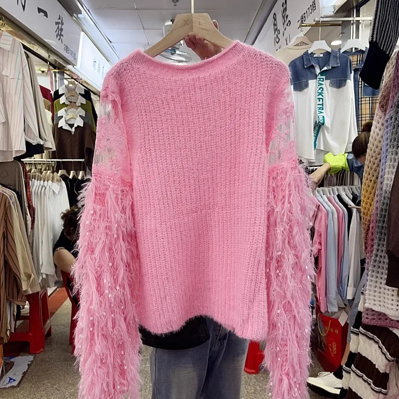 Neploe Elegant Sweet Pink Sweaters Women 2024 Autumn New O-neck Tops Mujer Y2k E-Girl Long Sleeve Tassel Knitted Pullovers