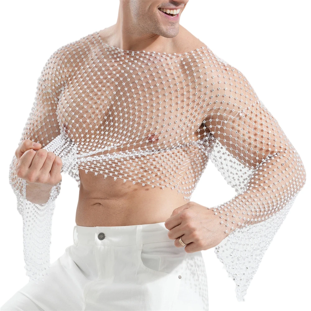 Sexy Men's Hollow Out Fishnet Tops See Through Long/Short Sleeve T-Shirts Fashion Festival Rave Party Clubwear Rhinestone Tops