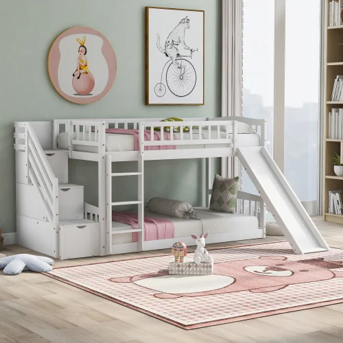 With Two Drawers And Slide, White //Stairway Twin Over Twin Bunk Bed
