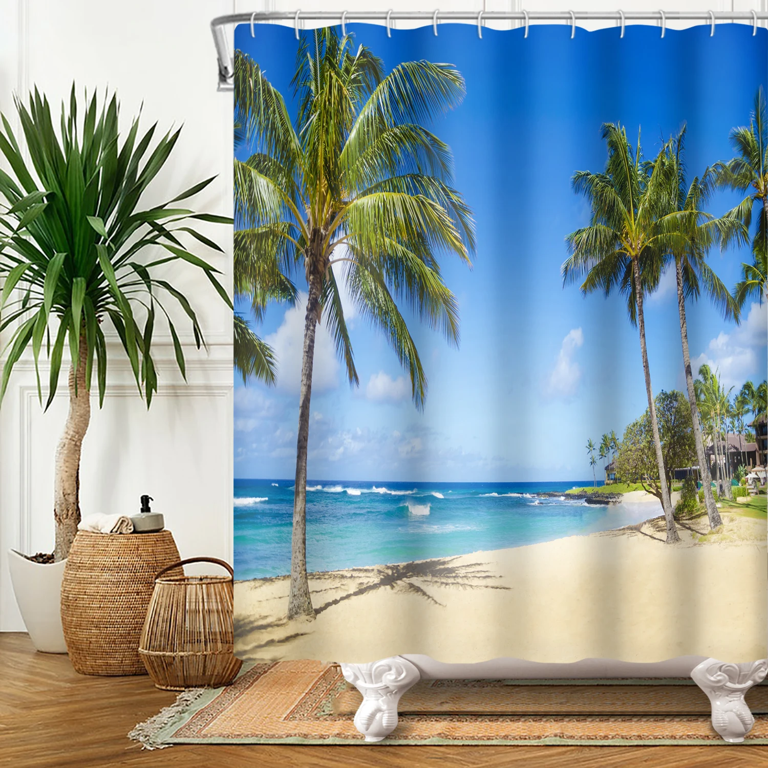 Shower Curtain Sunshine Beach Scenery Seaside 3D Printing Shower Curtain Polyester Waterproof Home Decor Curtain 180x180